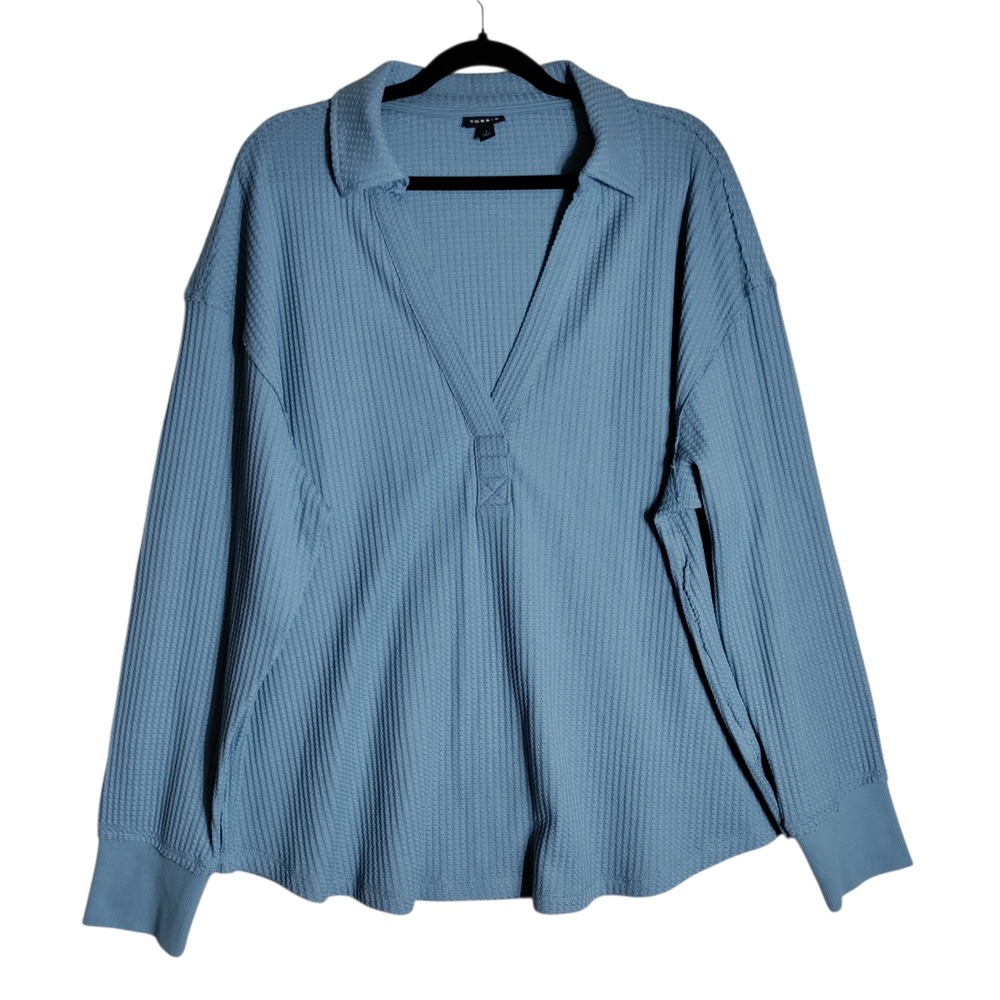 Torrid Blue Waffle Knit Split V-Neck Long Sleeve Top Plus Size 1 1X 148862